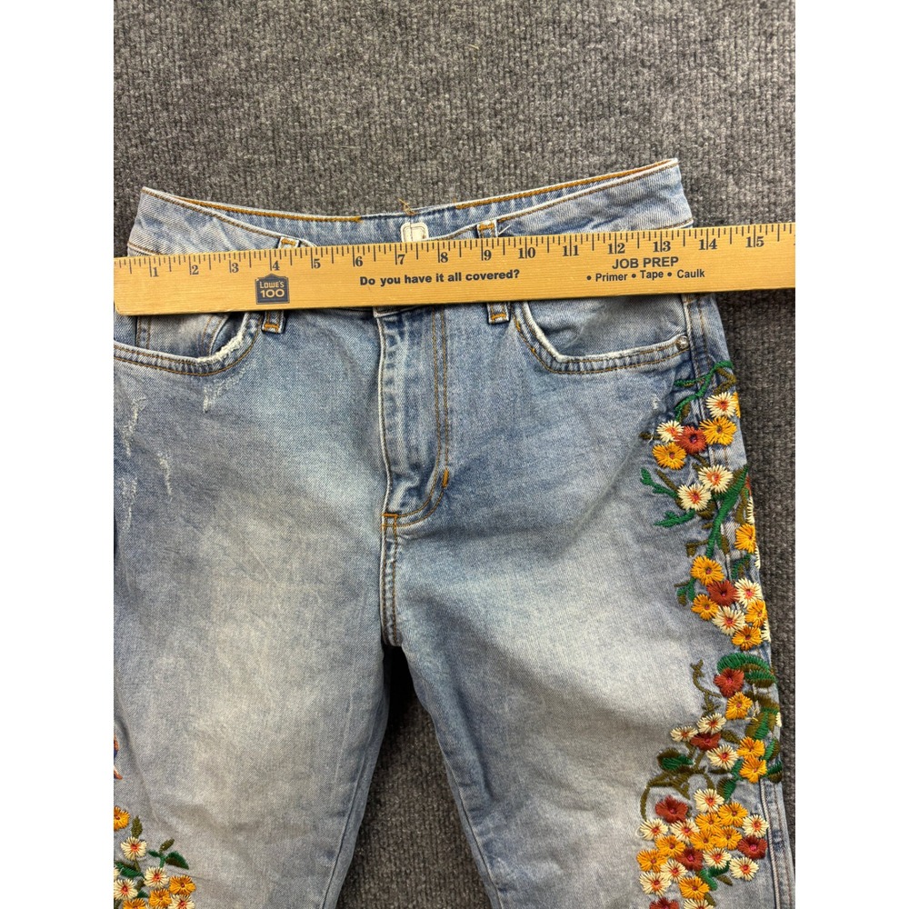 Free People Jeans Womens 27 Blue Floral Bird Embroidered Straight Leg Raw Hem - Picture 4 of 10
